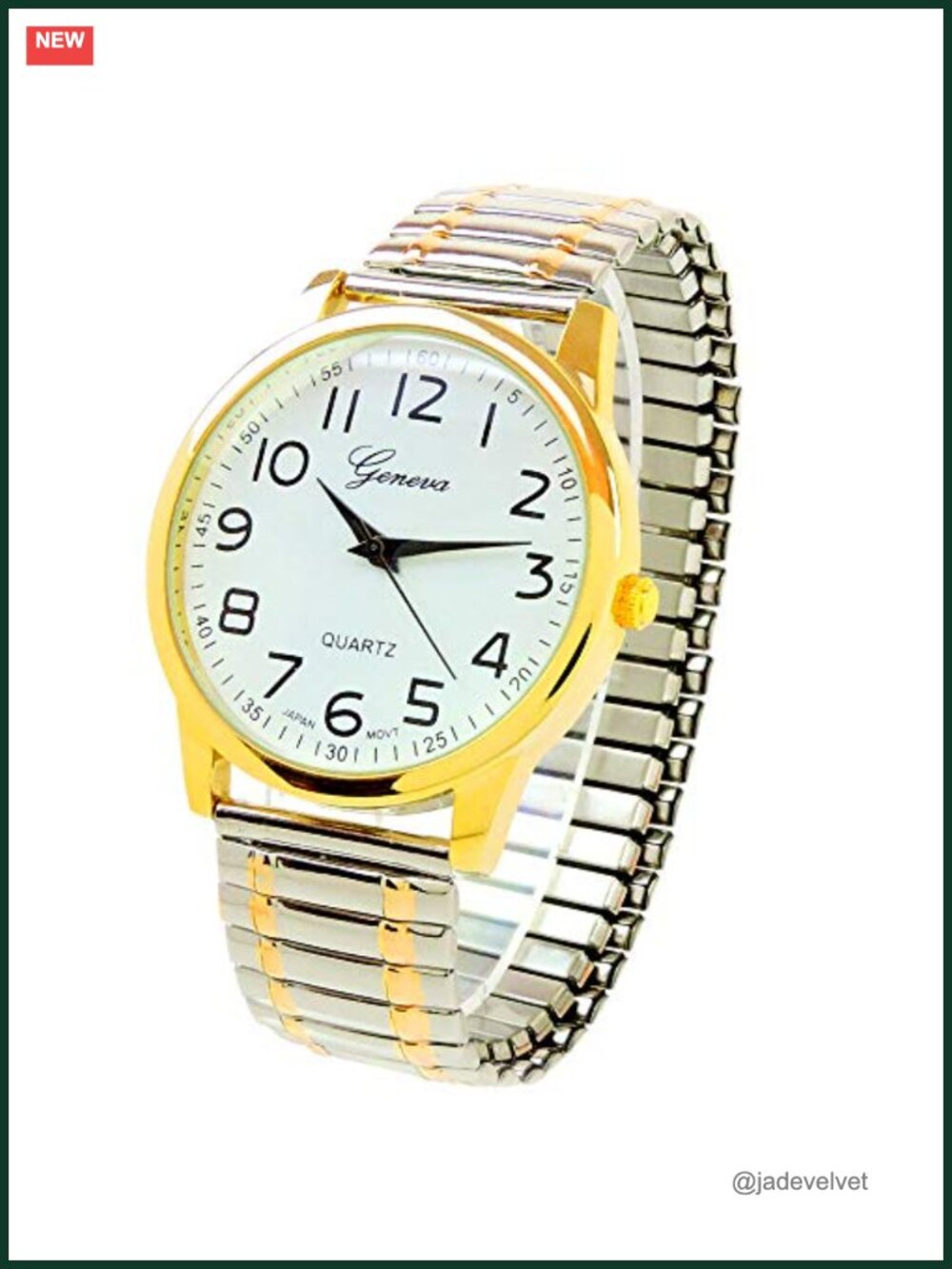 Two-Tone Stretch Band Watch Large Face Easy to Read Japanese Quartz